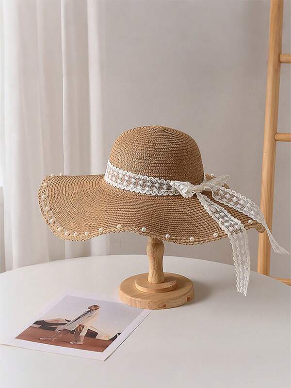 Women's Summer Wide Brim Pearl Beaded Bow Ribbon Straw Hat, Necessary Beach Sun Protection, Casual Versatile Fashion Beach Hat