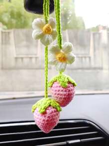 1pc Car Summer Interior Pendant Woven Pink Strawberry Car Rearview Mirror Decoration Car Interior Pendant