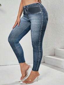 Women Plus Size Denim Effect Contrast Color Print Elastic Leggings
