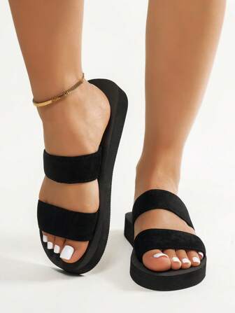 Women's Fashion Casual Strap Slides, Black Flat Double Strap Sandals, Non-Slip Design, Suitable For Beach, Travel, Daily Wear And Indoor