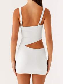 Women Cut Out Cami Dress Slim Solid Color V Neck Sleeveless Open Back Mini Bodycon Dress - trắng - Xem 5
