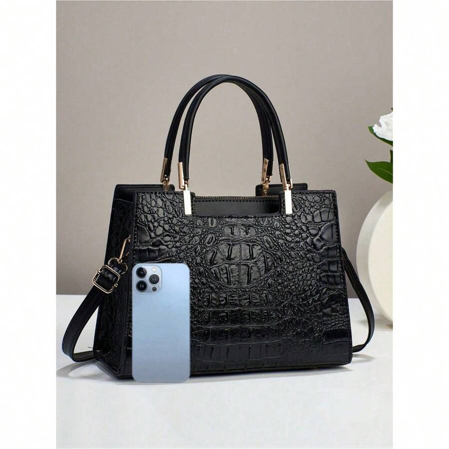 Stylish Ladies' Handbag In New Crocodile Pattern Style, Versatile Design With High-Quality Feel And Large Capacity, Can Be Used As A Shoulder Or Crossbody Bag. - Black - View 1