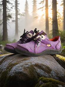1 Pair TMA EYES Women's Hand-Stitched Leather Rubbed Color Flat Wear-Resistant Non-Slip Sports Casual Shoes - 紫色 - 查看 1
