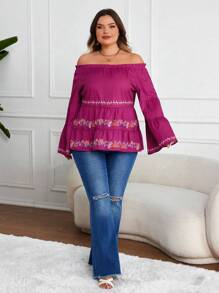Plus Size Women Elegant Vacation Purple Bell Sleeve Graphic Print Round Neck/Off Shoulder Top Summer