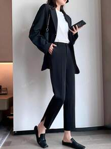 Solid Color Tapered Suit Pants, Elegant Split Hem Cropped Pants For Work & Office, Women Clothing