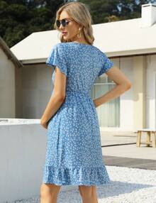 Yesfashion Women's Maternity Short Sleeve Ruffle Dress V Neck Summer Casual Smocked Flowy Midi Dress For Baby Shower Photoshoot - 天藍小碎花 - 查看 3