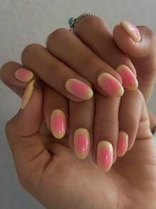 Juego de 24 uñas acrílicas postizas cortas de forma ovalada con diseño de degradado rosa, incluye 1 pegamento de gel y 1 lima de uñas. Fácil de usar para uñas de verano y manicura francesa para mujeres y niñas, ideal para uso diario y fiestas
