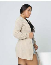 Plain Cardigan Kimono Knit Women's Cold Weather Coat - Beige - View 2
