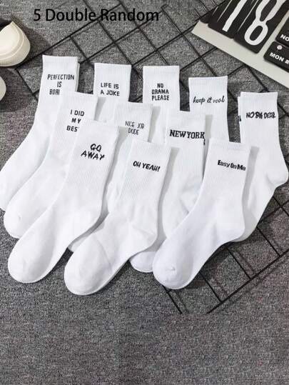 1/5 Pairs Of Simple Letter-Printed Socks For Men And Women Comfortable Breathable White Mid-Tube Socks Suitable For Everyday Wear