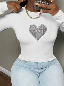 Heart Shaped Pattern With Sequins Women's Fashion Long Sleeve Shirt - 白色 - 查看 1