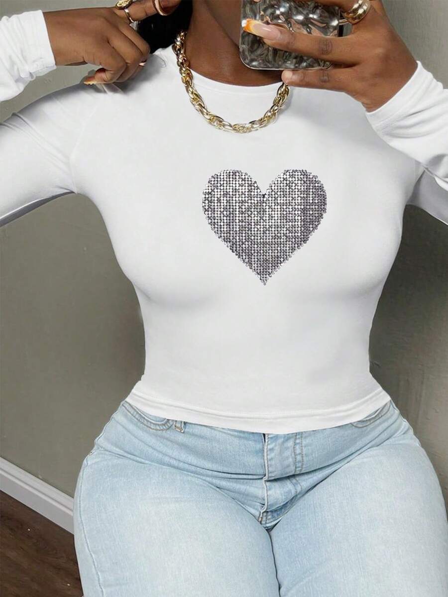 Heart Shaped Pattern With Sequins Women's Fashion Long Sleeve Shirt - 白色 - 查看 1
