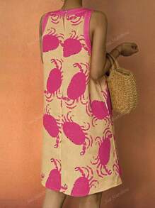 Sea Starshine Women's Spring And Autumn Fashionable Elegant Sexy Sleeveless Yellow Random Crab Pattern Dress