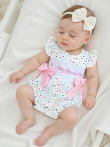 Newborn Baby Girl Birthday Outfit Its My Birthday Embroidery Polka Dot Bow One Year Old Girl Smcoked Romper Bubble Bodysuit One Piece Summer Clothes - 白色 - 查看 3