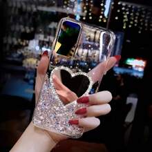 1 pieza Espejo de corazón de lujo con estilo de cielo estrellado y brillo + pulsera con cuentas, compatible con Samsung Galaxy S8, Apple 16, Redmi Note 11 4G, OPPO A54, Infinix Smart 8/Infinix Hot 40i/Transsion Spark 20/Transsion Spark 20C/Transsion Spark Go 2024, portátil, resistente al agua, a los golpes, a las caídas y a los arañazos