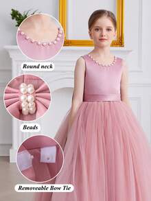 Vestido floral con decoración de lazo elegante para niña preadolescente, vestido de princesa adecuado para bodas, fiestas, cumpleaños, bailes de graduación y ocasiones especiales de adolescentes - Rosa - Ver 4