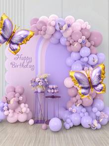 133 piezas Conjunto de arco floral morado y rosa, globos de látex y papel de aluminio con tema de mariposas, decoración de boda, obsequios para despedida de soltera, decoraciones de fiesta de cumpleaños con tema de mariposas, decoración para baby shower, suministros para fiesta de revelación de género, telón de fondo para fiesta de mariposas, accesorios para photobooth, decoraciones para fiesta festiva - Multicolor - Ver 2