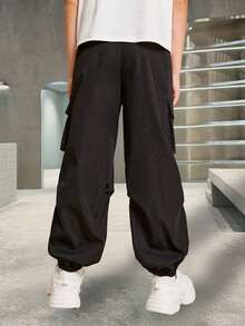 1 pieza Pantalones cargo holgados para niños preadolescentes con bolsillo con solapa y cordón lateral, adecuados para primavera, verano, otoño e invierno - Negro - Ver 5