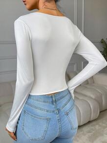 1pc Elegant Casual Solid Color Contrast Lace Cropped Top With Eyelash Trim, Slim Fit Stylish Blouse For Daily Wear