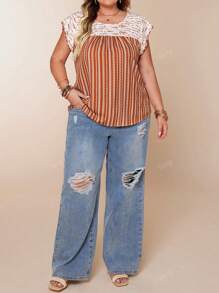 Plus Size Women Elegant Woven Colorblock Round Neck Dolman Sleeve Pleated Front Curved Hem Top, Rust Brown, Summer