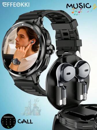  EFFEOKKI 2-i-1 smartklocka med hörsnäckor inuti för män, populär fitnessklocka med hörlurar, integrerade hörsnäckor, larm, NFC, högkvalitativ 2-i-1-design smartklocka, kompatibel med Iphone Android smartphone