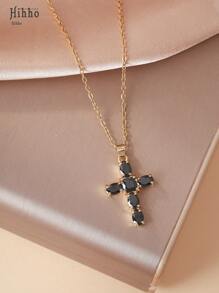 Hihho Colar com pingente de cruz da Virgem Maria em zircônia colorida estilo europeu, 1 peça, adequado para uso diário feminino, festas, reuniões, melhor presente para amigos, joias elegantes e versáteis, acessório de design exclusivo para presente