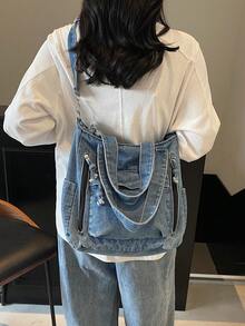 Túi tote jeans nhiều ngăn thời trang mới, túi đeo vai cỡ lớn đa năng dành cho nữ, túi đi học kiểu sinh viên, túi đeo chéo jeans cỡ trung, phù hợp cho đi làm, mua sắm, sử dụng hàng ngày và đi học, hoàn hảo cho phong cách cao bồi. - Màu xanh lam - Xem 7