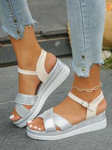 Women's Wedge Heel Thick Sole Sandals, Colorblock Bohemian Strap Design, Lightweight & Comfortable