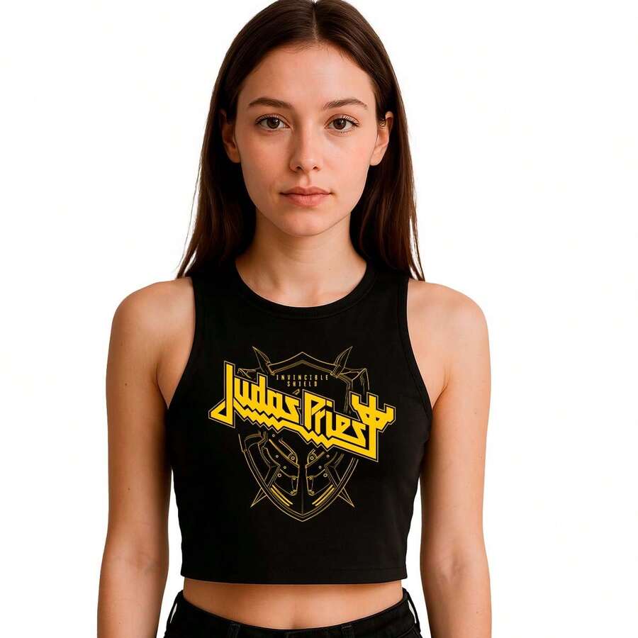 Playera / Camiseta/ Tank Top Judas Priest Invincible Shield Logo Rock Metal Poliester Spandex Premium Mujer Sin Mangas Cuello Redondo - Negro - Ver 1