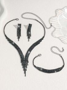 4-Piece Women's Elegant Jewelry Set, Featuring A V-Shaped Design With Sparkling White Rhinestone Necklace And Earrings, Suitable For Wearing Jewelry Gifts At Banquets, Parties, And Weddings