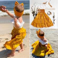 Little Girls Long Maxi Skirt Casual Summer 3pieces Outfits Off Shoulder Ruffle Crop Top + High Waist Smocked Long Maxi Skirt + Bowknot Headband Holiday Sundress Clothes - 黃色 - 查看 4