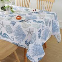 1pc Blue Ocean Beach Theme Rectangular Tablecloth, Decorated With Seashells, Coral, Seahorse & Starfish, Seasonal Ocean Table Cover For Spring/Summer Marine Themed Picnic Party, Indoor/Outdoor Decor