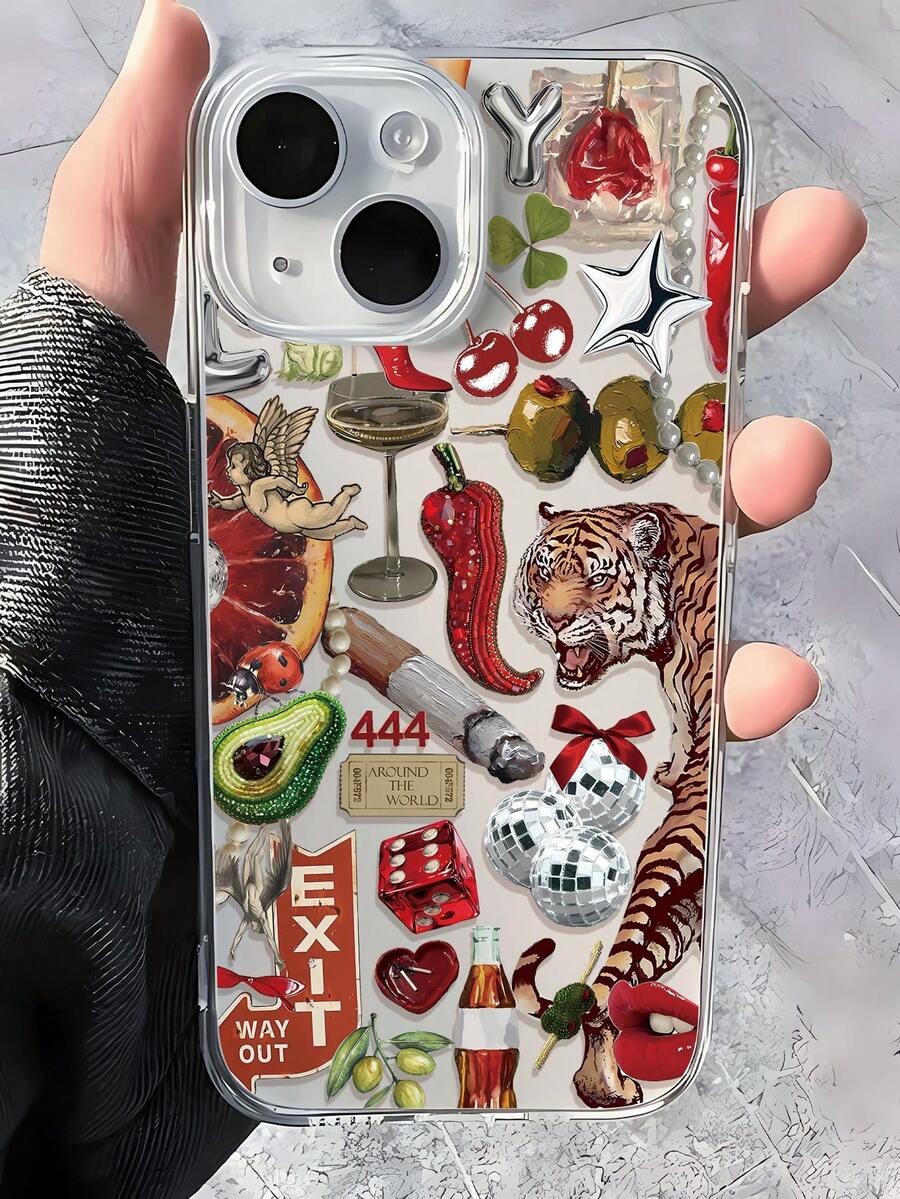 1 st. trendigt tiger- och chilipepparmönster, heltäckande, transparent, anti-fingeravtrycks-, mjukt TPU-telefonskal, kompatibelt med 16 ProMax/16/16 Pro/16 Plus/11/15/15 Pro/15 ProMax/12/13/14 ProMax/XS/XR/11 Pro/11 ProMax/12 Pro/12 ProMax/13 Pro/13 ProMax/7 Plus/14 Pro/14 ProMax/14 Plus/7 Plus/8 Plus/8/SE2/12 Mini/13 Mini, anti-gulning, vattentät, stötsäker, falltålig, reptålig