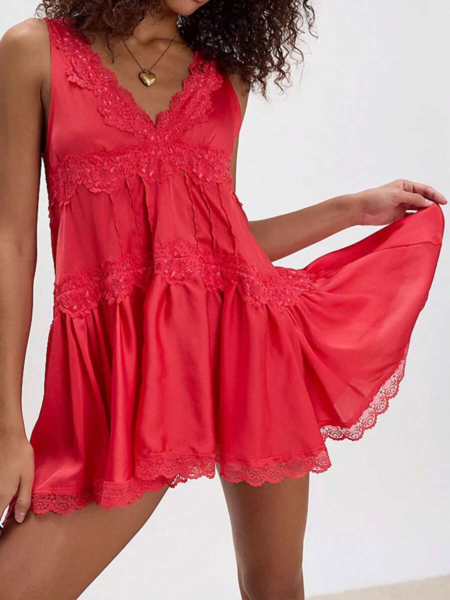 Womens Slip Lace Mini Dress Y2k 90s Vintage Aesthetic Summer Teen Girls Flowy Tiered Swing Dress Boho Coquette Drop Waist Short Dress - 紅色 - 查看 1