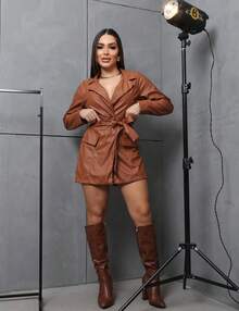 WOMEN'S OVERALL IN SYNTHETIC LEATHER WITH BELT AND TRANSPARENT NECKLINE - Camel - View 2