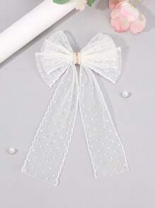1 pieza de Pinza de pelo con malla de color beige para niñas con lazo a lunares, pinza de caimán con cola, perlas brillantes y rhinestones, pasador de pelo elegante para boda, accesorios de cabello delicados para vacaciones, accesorio de cabello para niños