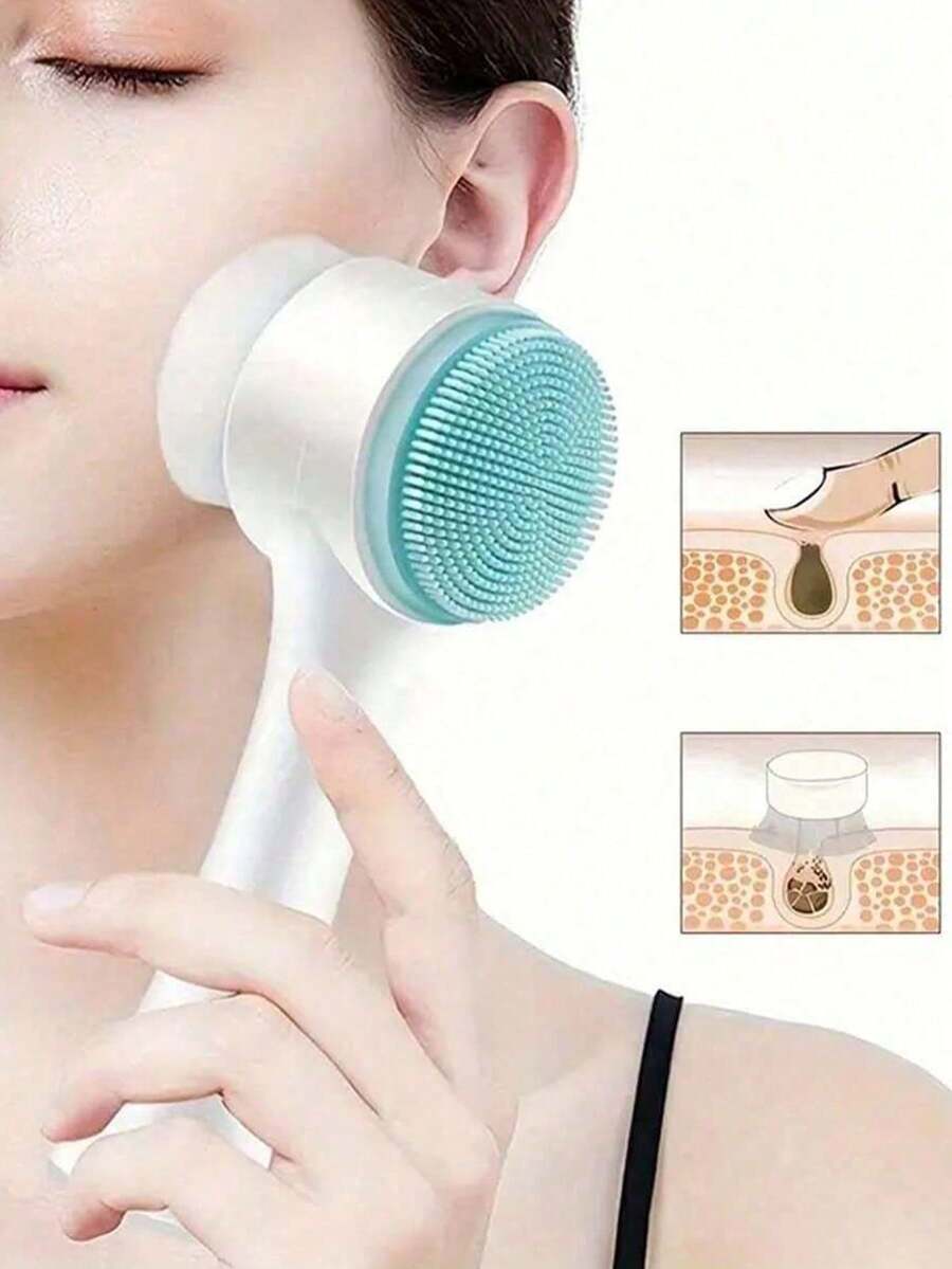 1 pieza Cepillo de limpieza facial de 2 en 1 con cerdas suaves y dispositivo de limpieza facial con cepillos de doble cara para limpiar los poros en profundidad, eliminar los puntos negros, cepillo facial de silicona de doble cara - exfoliación suave, limpieza manual y masaje para una piel radiante y limpieza de poros en profundidad