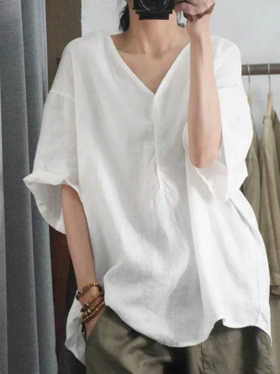 女士休闲日常简约纯色V领纽扣宽松衬衫 白色 夏季 - 白色 - 查看 1