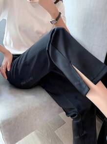 Solid Color Tapered Suit Pants, Elegant Split Hem Cropped Pants For Work & Office, Women Clothing