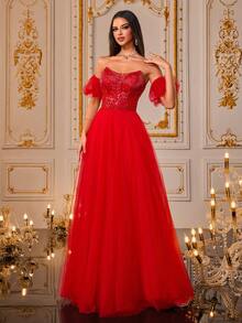 VIPGIRL Vestido de bola de princesa de manga abullonada con corsé de lentejuelas y tul rojo, vestidos de fiesta de quinceañera para mujer con hombros descubiertos, aspecto de lujo, vestido de noche formal, elegante vestido de fiesta, vestidos de noche para mujeres, para invitados de boda - Rojo - Ver 5