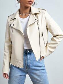 Chaqueta estilo motociclista, con cremalleras y detalles metálicos, ideal para looks casuales y modernos - Crema - Ver 3