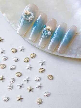 40pcs Summer Beach Sea Shell Nail Studs 3D Gold Silver Blue Starfish Nail Charms Ocean Nail Art Alloy For Women Manicure Supplies Decorations DIY Craft Jewelry