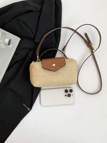 Women's Fabric Woven Straw Bag, Beach Vacation Mini Shoulder Bag, Magnetic Snap Dumpling Bag, Casual Cute Fashion Purse - Khaki - View 9