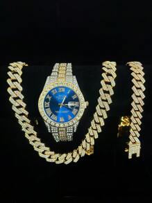 Conjunto de 3 piezas de reloj, collar y pulsera con Rhinestone, Reloj con correa de acero, calendario y caja de regalo para hombres y estudiantes, estilo hip-hop, conjunto de joyería de collar, pulsera y reloj de cumpleaños