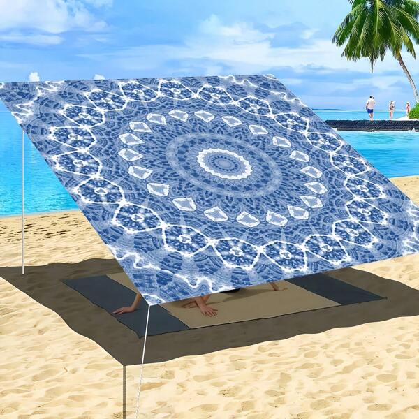 1pc Blue And White Pattern Unique Art Style Outdoor Multipurpose Sunshade Polyester Screen Printing For Camping, Picnics, Beach