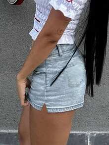 Quần Jeans Ngắn Thời Trang Mùa Hè Châu Âu Và Mỹ Co Giãn Ôm Sát Phía Trước Đơn Giản Gợi Cảm Thường Ngày Cho Nữ - Rửa nhẹ - Xem 5