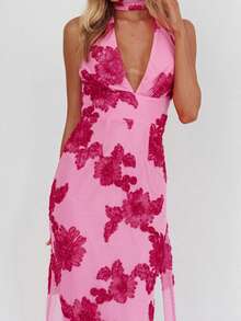 Women's Boho Floral Embroidery Jacquard Strap V Neck Halter Sleeveless A Line Plain Smocked Summer Beach Party Maxi Long Dress - 紅色 - 查看 5