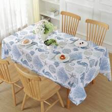 1pc Blue Ocean Beach Theme Rectangular Tablecloth, Decorated With Seashells, Coral, Seahorse & Starfish, Seasonal Ocean Table Cover For Spring/Summer Marine Themed Picnic Party, Indoor/Outdoor Decor