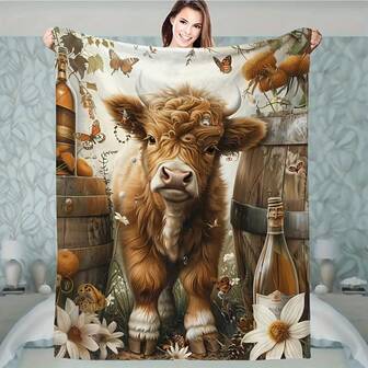 Highland Cow & Wine Barrel Print Throw Blanket - Soft Polyester, Double-Sided Design With Floral And Butterfly Decor, Great For Home Decor, Bedding, And Picnics, Picnic Covering | Floral Pattern | Polyester, Cow Decoration