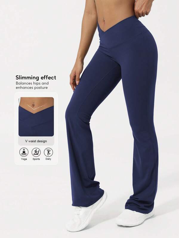 Sodalemon Women V-Shape Waist Lifting Yoga Fitness Flared Pants, Crossed Waistband, Exercise, Running, Sports Leggings