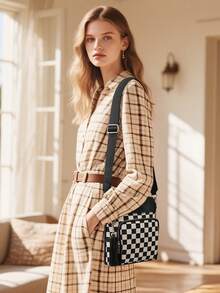 Women's Fashionable Plaid Pattern Shoulder Bag, Casual Versatile Shoulder Bag For Daily Used,  All-Match Commuter Bag - 黑色 - 查看 8